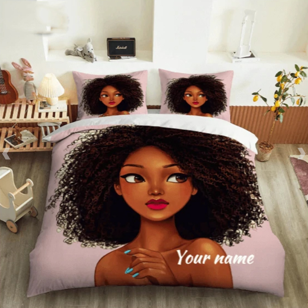 Personalized Black Girl With Curly Hair African American Bedding Set