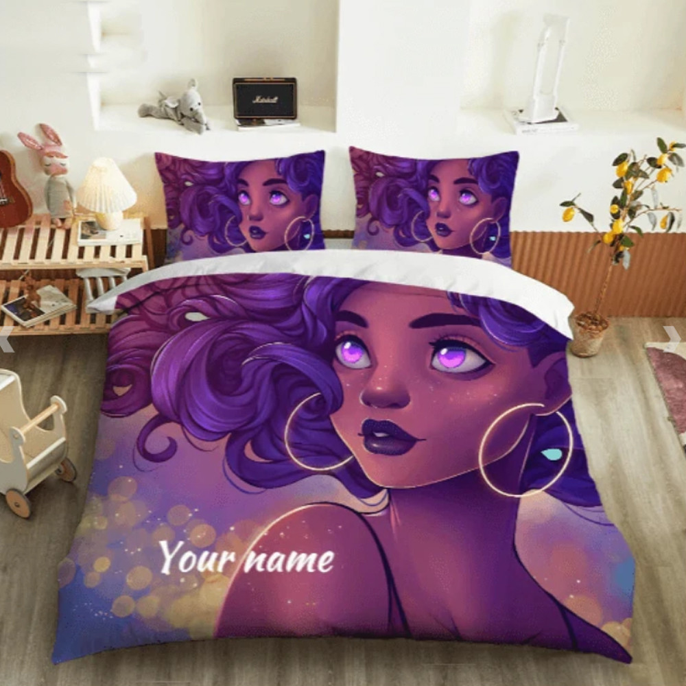 Personalized Purple Ghort Hair Black Girl Bedding Set