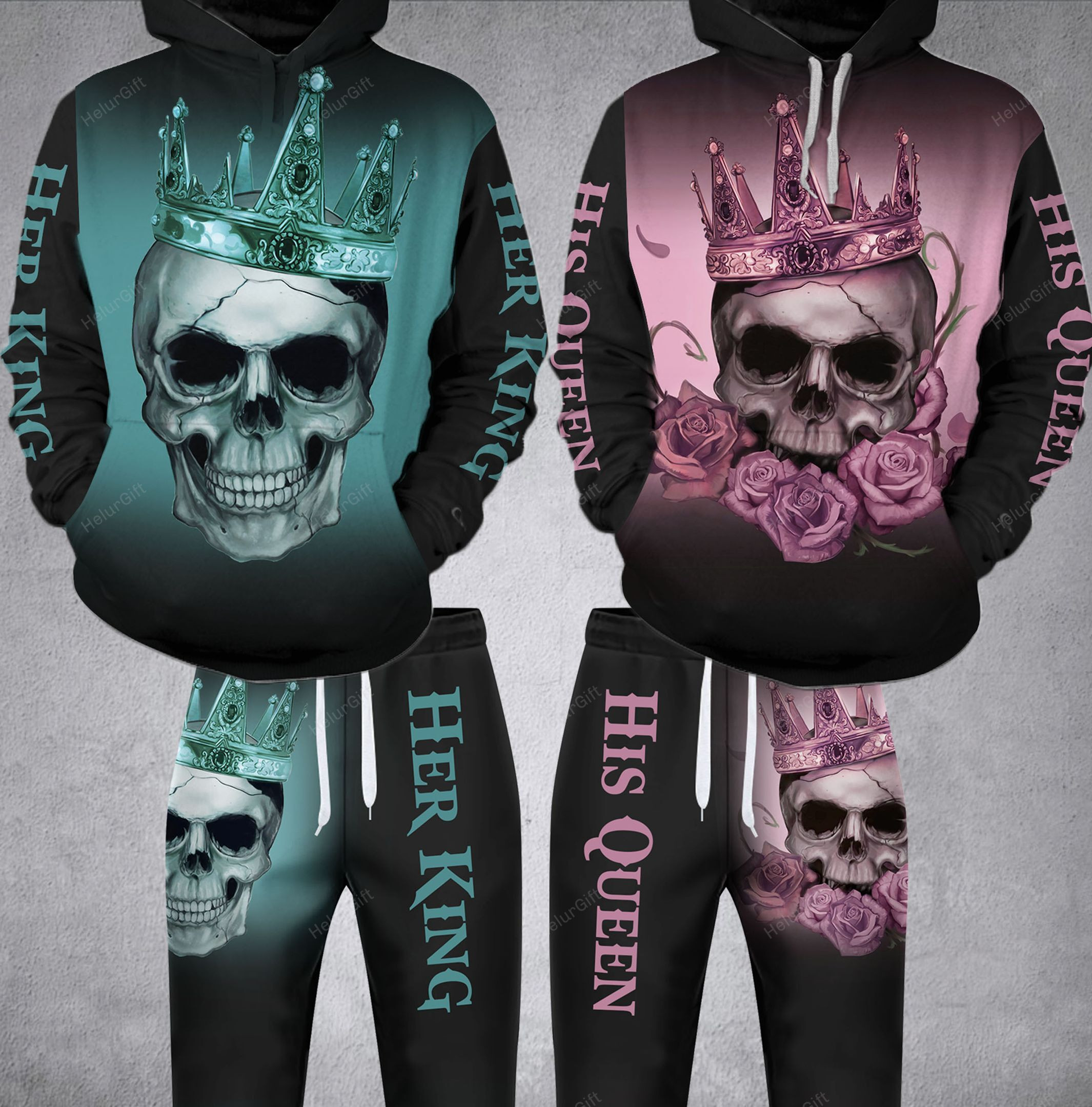 Skull His Queen Her King Cyan And Pink Couple Hoodie Set