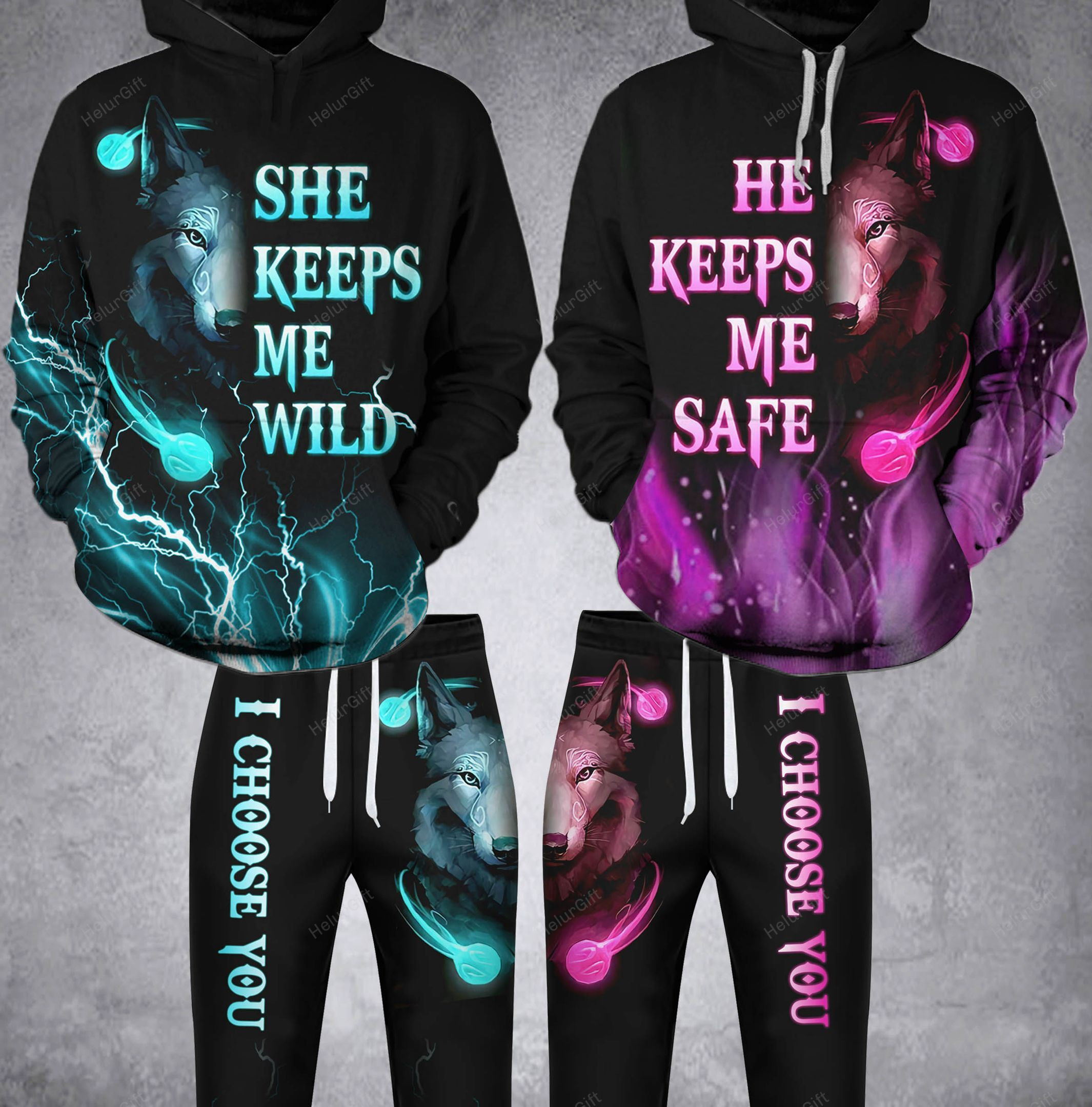 Couple Hoodie Set Wolf Wild Safe Cyan And Pink PAN3DSET0202
