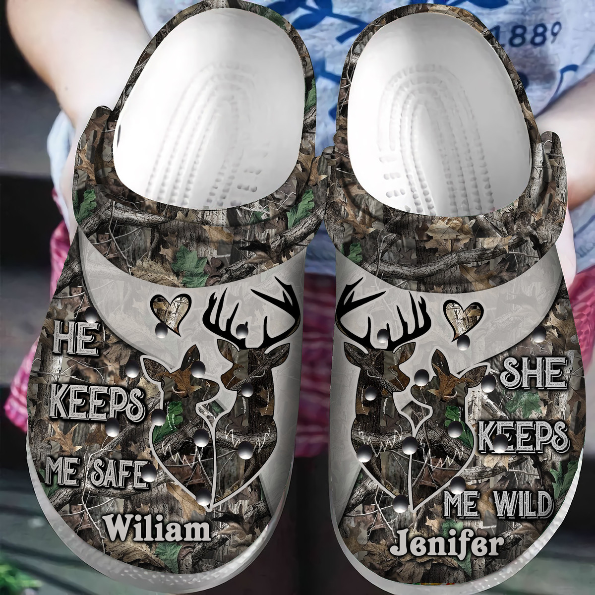 Personalized Deer Couple She Keeps Me Wild He Keeps Me Safe Crocs Classic Clog Shoes