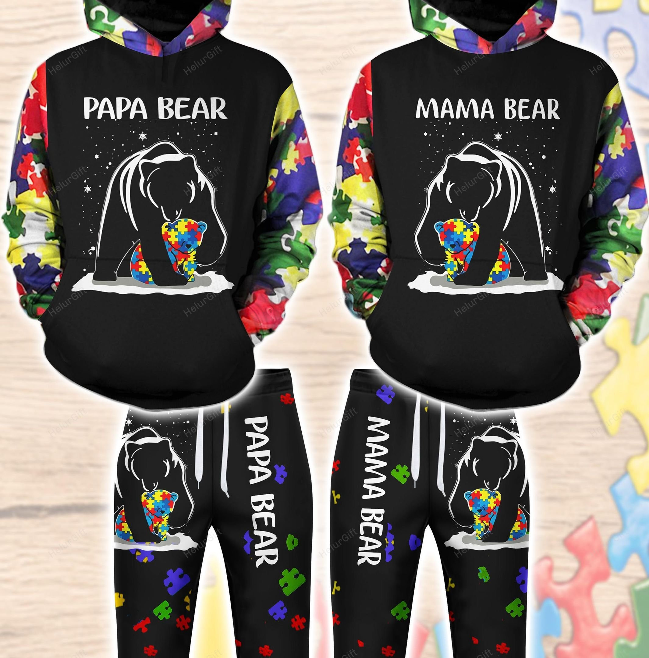 Autism Mama Bear Papa Bear Couple Hoodie Set