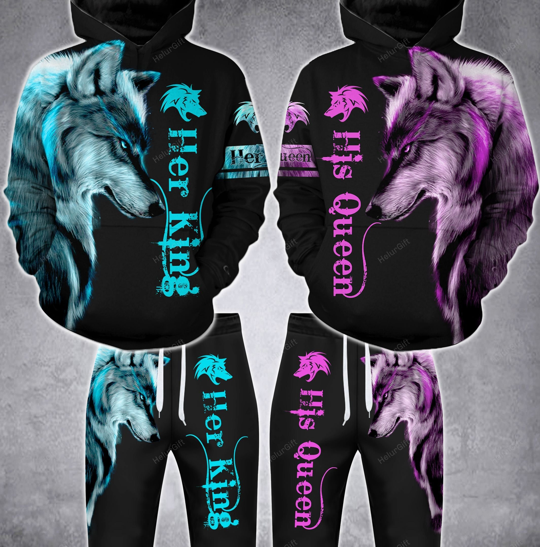 Queen King Wolf Couple Hoodie Set Pink Blue