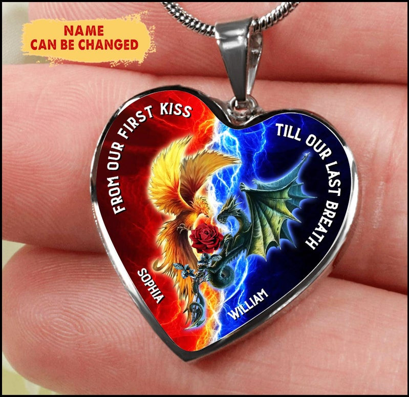 Valentine Hearts Necklace Personalized Till Our Last Breath Phoenix Dragon Couple PANNECKLACE0009