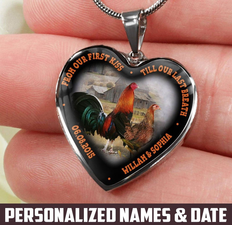 Valentine Hearts Necklace Personalized Till Our Last Breath Rooster And Hen Couple PANNECKLACE0008