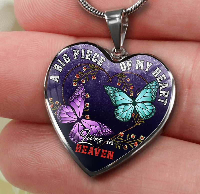 A Big Piece Of My Heart Lives in Heaven Butterfly Heart Couple Necklace