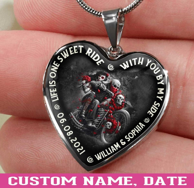 Personalized Life Is One Sweet Ride With You By My Side Heart Couple Necklace