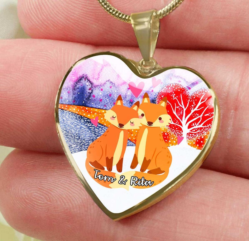 Personalized Fox Love Heart Couple Necklace