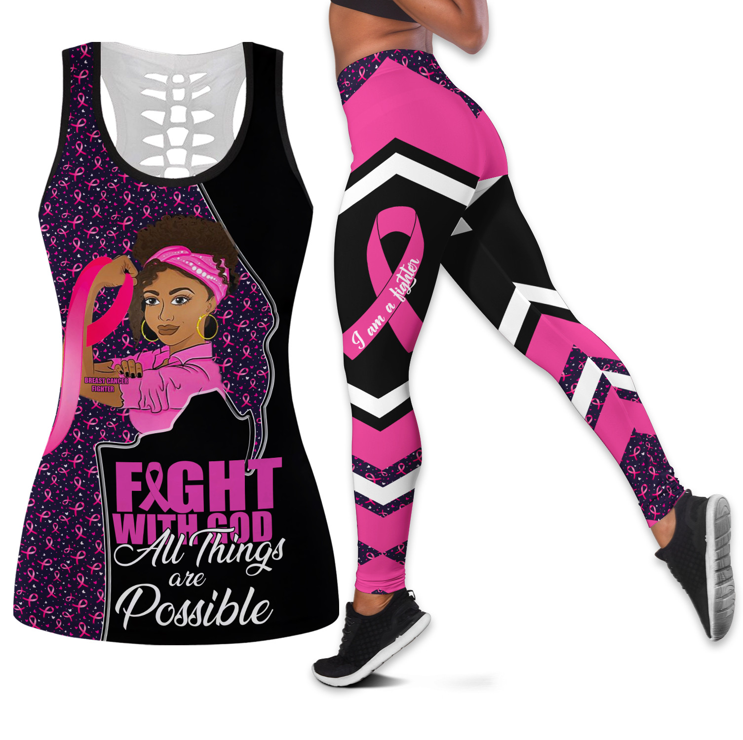 Breast Cancer Tank Top And Leggings Fight With God All Things PAN3DSET0105