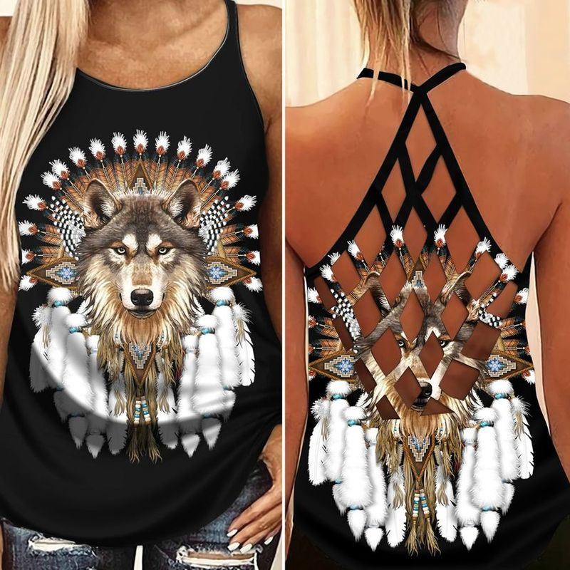 Native Wolf Feather Criss Cross Tank Top