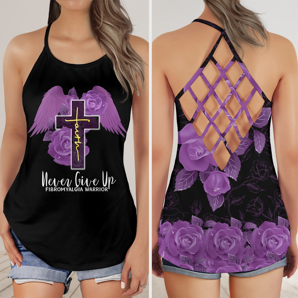 Never Give Up Faith Purple Flower Criss Cross Tank Top