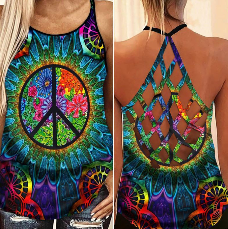 Peace Hippie Symbol Flower Colorful Criss Cross Tank Top