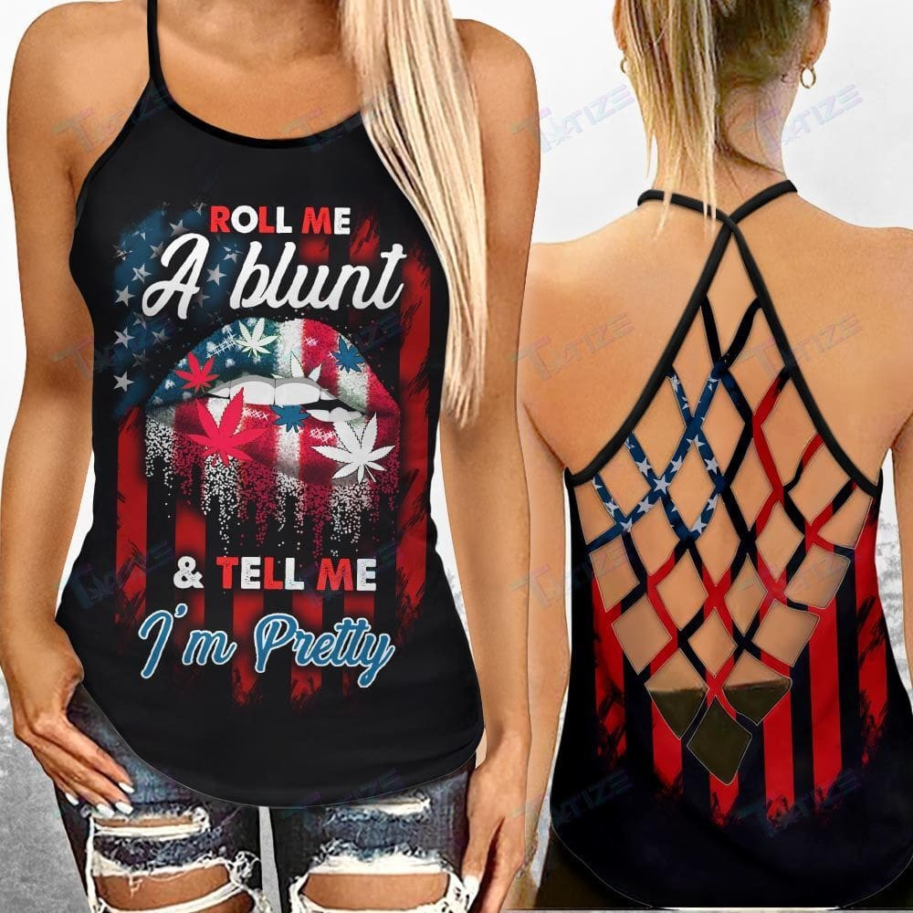 Roll Me A Blunt US Flag Lips Red White Striped Criss Cross Tank Top