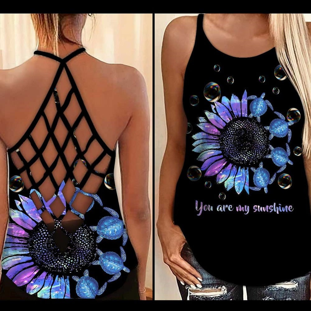 You Are My Sunshine Turtle Flower Soul Criss Cross Tank Top