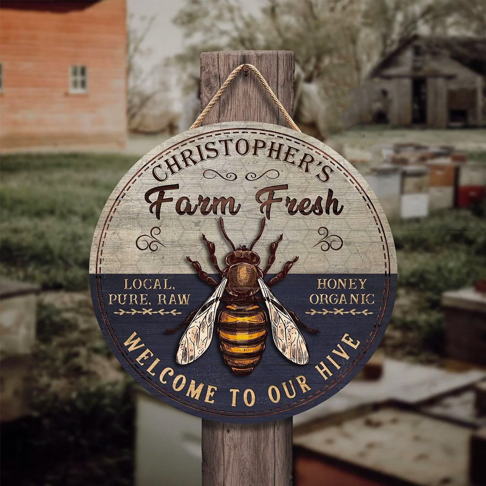 Personalized Honey Bee Farm Fresh Customized Wood Circle Sign