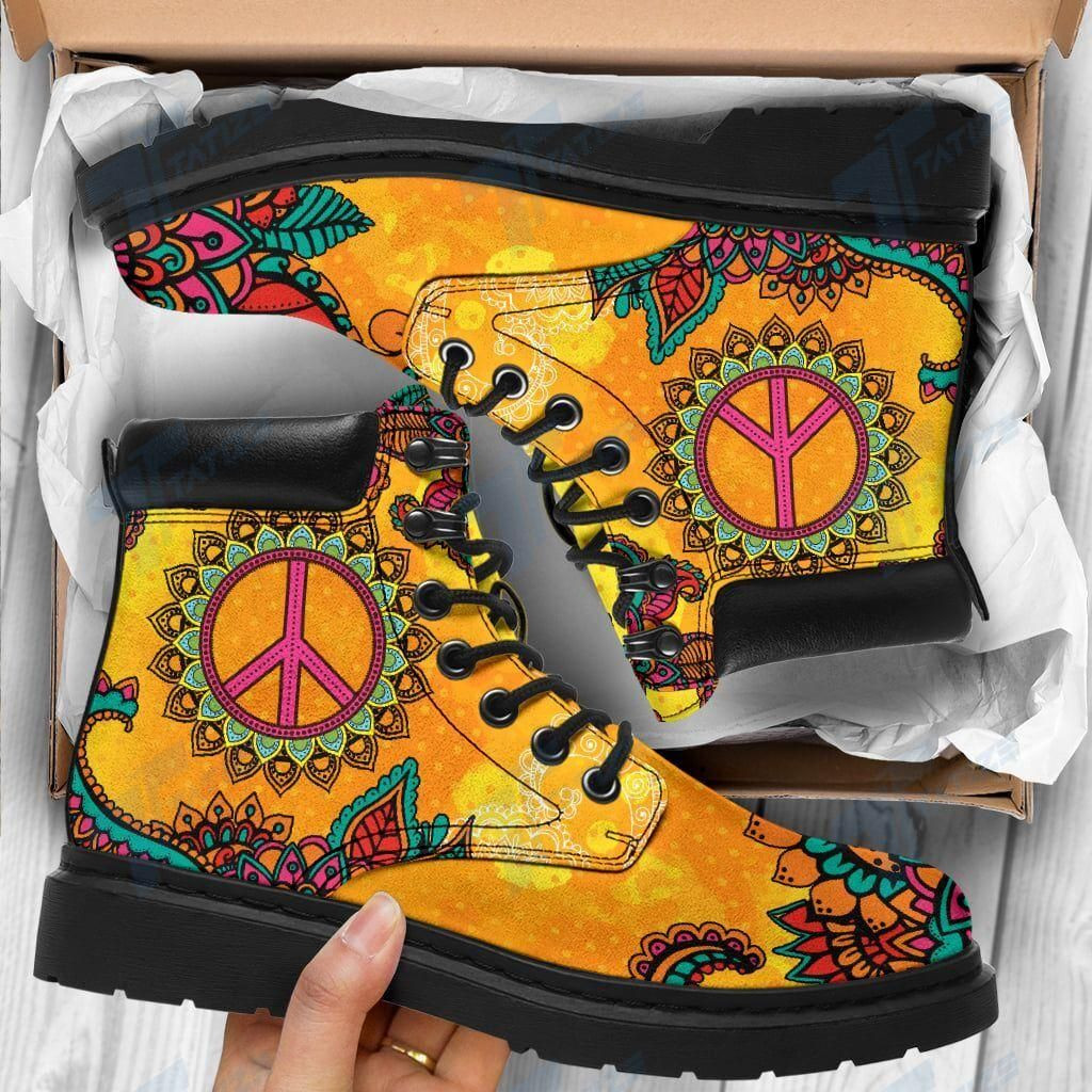 Hippie Sunflower And Peace Sign Mandala Pattern Leather Boots
