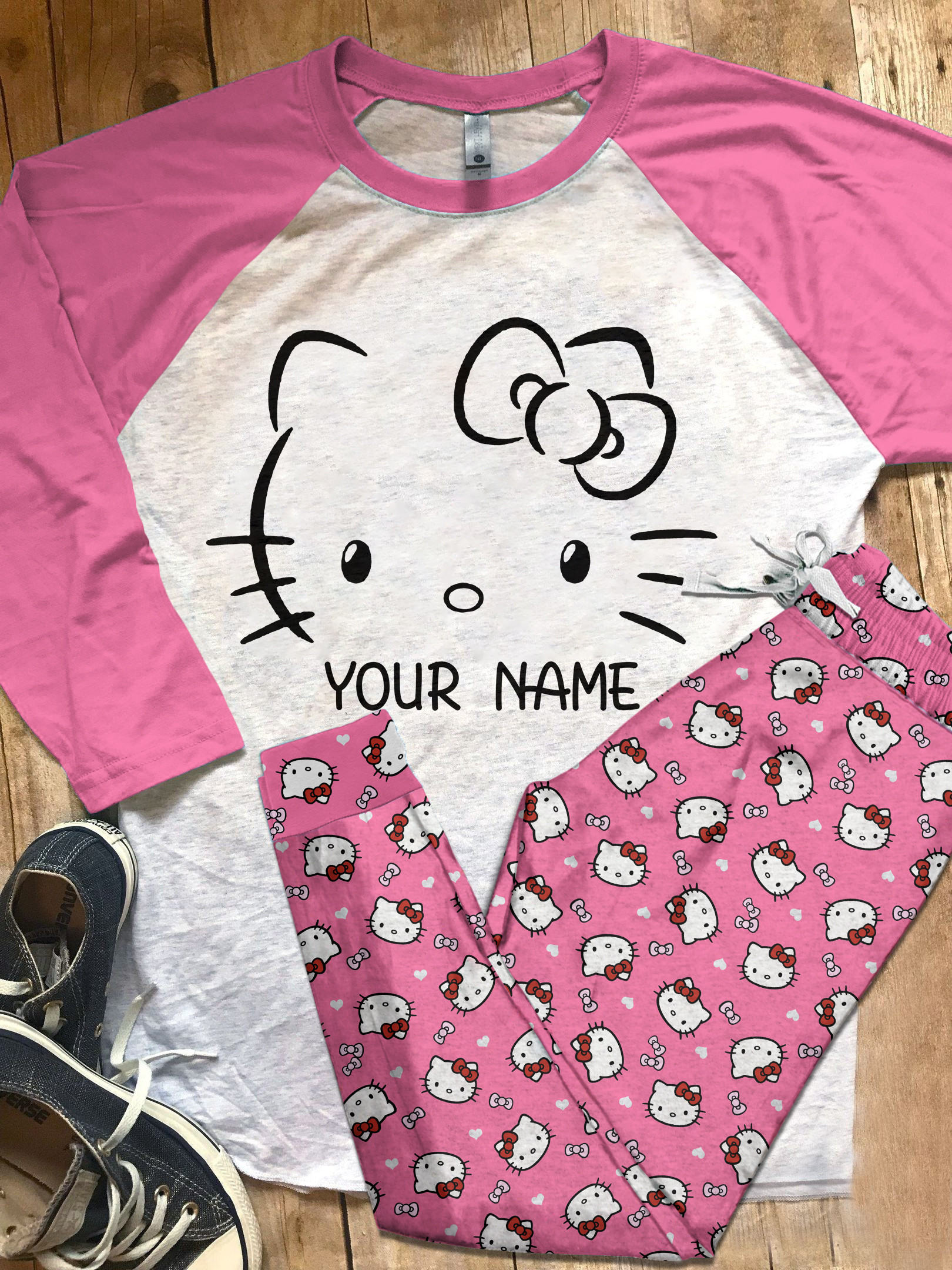 Personalized Hello Kitty Raglan Pajamas Pink Women PANRAGPAJ0001