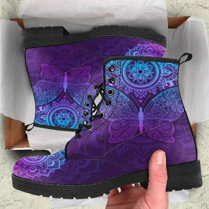 Purple Butterfly Mandala Leather Boots Shoes PAN