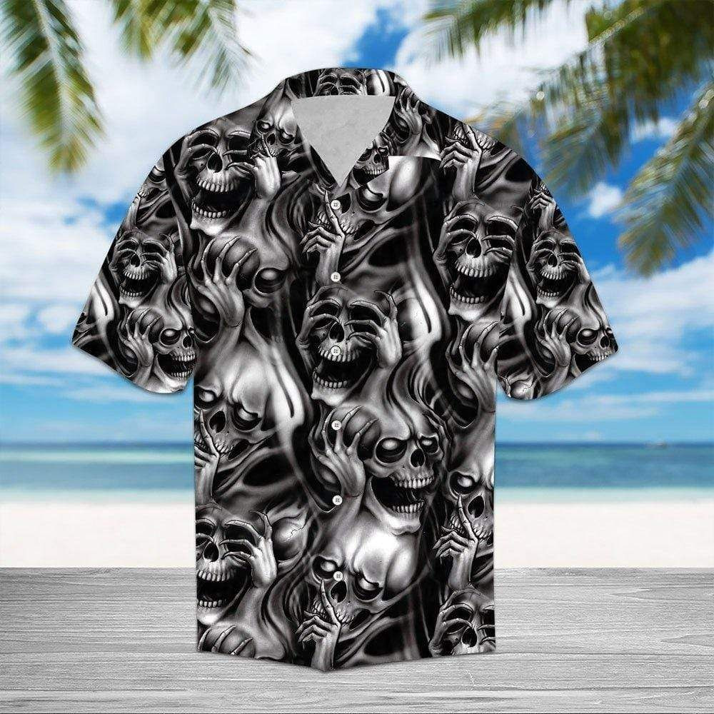 Smoking Skull Black White Hawaiian Aloha Shirts PANHW00158
