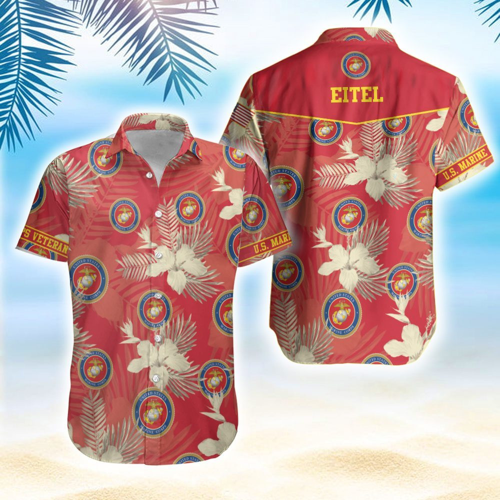 Personalized Custom Name Us Marine Corps Red Hibiscus Hawaiian Aloha Shirts PANHW