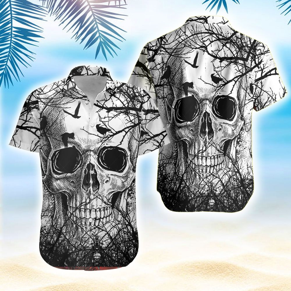 Skull Crow Black & White Hawaiian Aloha Shirts PANHW00069