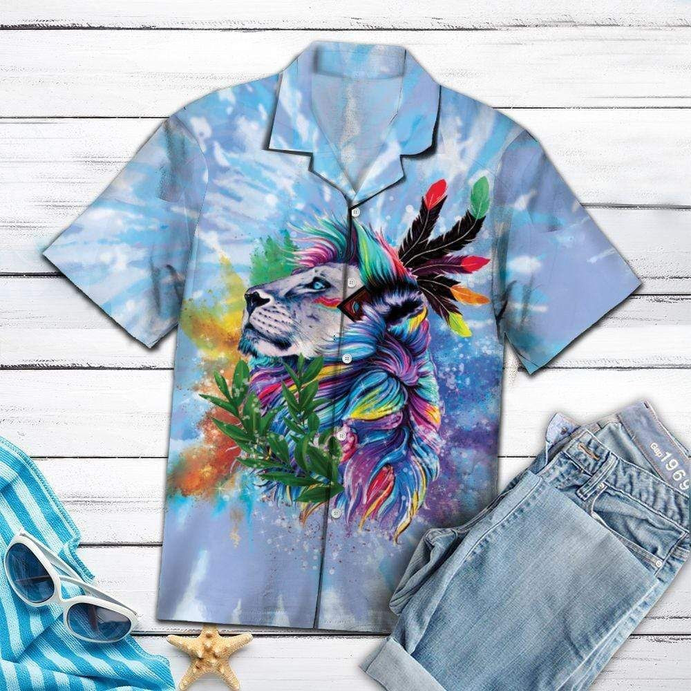 Tie-Dye Native American Lion Colorful Feather Hawaiian Aloha Shirts PANHW00087