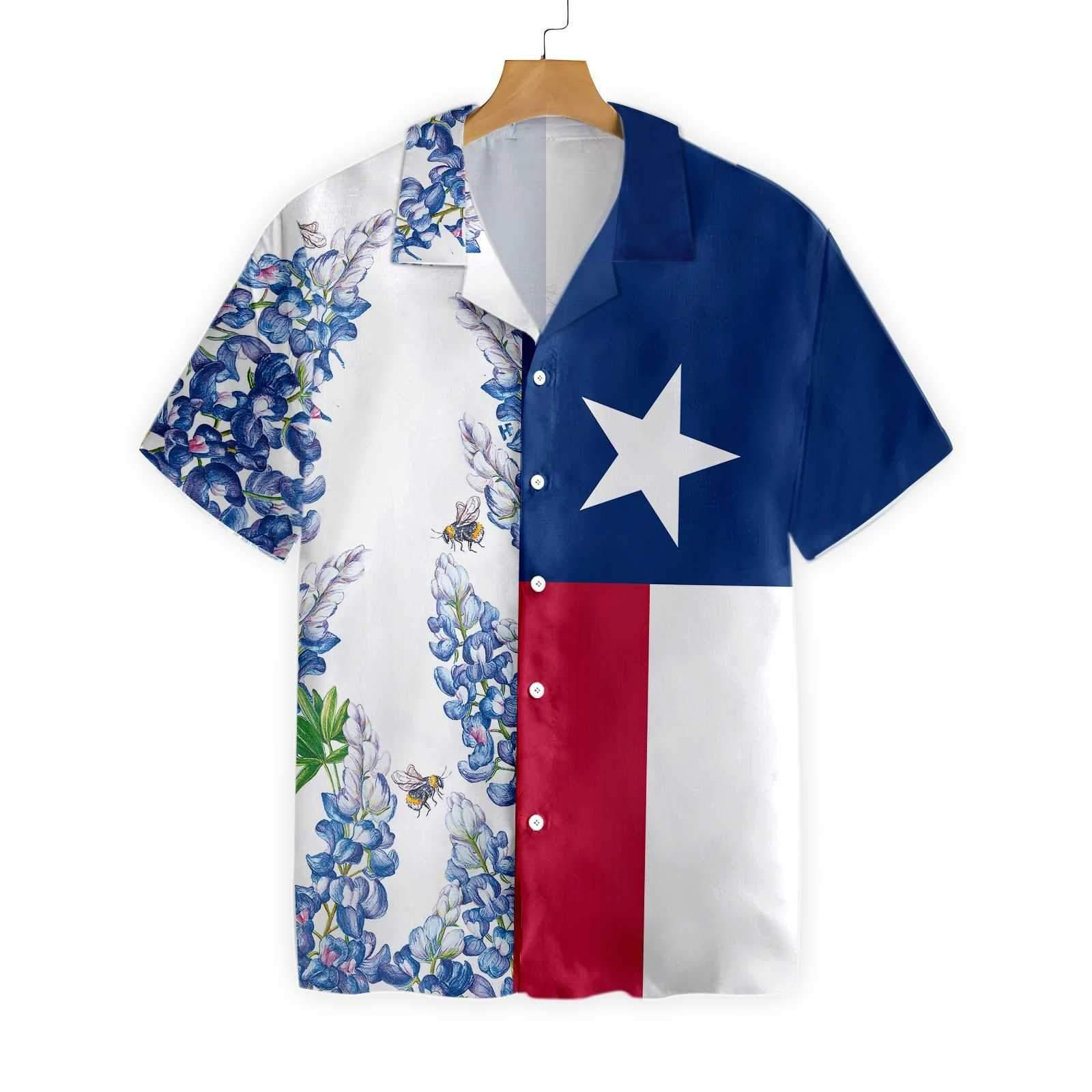 Royal Blue Bluebonnet Texas Hawaiian Shirt, Floral Texas Flag Shirt Vertical Version Italic Star, Proud Texas Shirt For Men PANHW00114