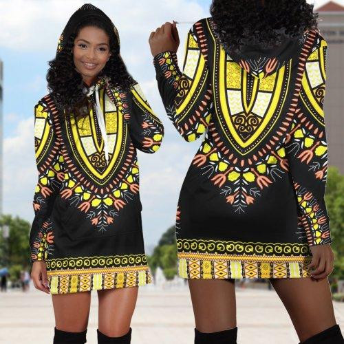 African Hoodie Dress Yellow Dashiki Tribal Pattern Black Pride Month