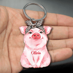 Personalized Cute Chubby Pink Pig Keychain, Custom Name Flat Acrylic Keychain for Girlfriend