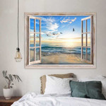 Customized Rustic Window Sunrise Beach Landscape Canvas Wall Art for Bedroom Decor