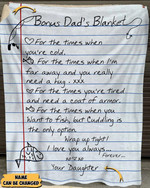 Personalized Bonus Dad Blanket, Fishing Blanket Handwriting Fleece Blanket for Fathers Day, Gift from Daughter