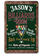 Personalized Billiard Room Sign for Billiard Owner Custom Vintage Metal Sign