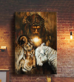 Jesus painting, Lion and lamb, Cross symbol, Beautiful night - Jesus Portrait Canvas Wall Art