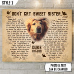 Don't Cry Sweet Sister Typography Butterfly Shape Dog Memorial Gift Horizontal Poster Canvas Framed Print