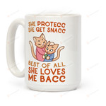Funny Cute Coffee Mug - She Protecc She Get Snacc She Loves Me Bacc Coffee Mug Cat Mug For Mom Cat Mom From Daughter Son For Mother's Day Birthday Anniversary