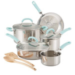 Rachael Ray 10-Piece Create Delicious Stainless Steel Pots and Pans Set, Cookware Set, Light Blue Handles