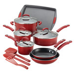 Rachael Ray 14-Piece Classic Bright's Nonstick Pots and Pans Set/Cookware Set with Bakeware and Utensils, Gradient Red