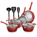 NutriChef Nonstick Cookware Excilon Home Kitchen Ware Pots & Pan Set with Saucepan Frying Pans, Cooking Pots, Lids, Utensil PTFE/PFOA/PFOS free, 11 PCS (Red)