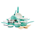 GreenPan Rio Ceramic Nonstick 16-Piece Pots & Pans Cookware Set, Turquoise
