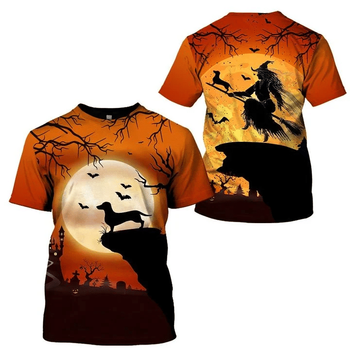 Witch & Dachshund Halloween Costume 3D All Over Print Shirt - 3D T-Shirt