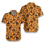 Scary Halloween Black Cat Pumpkin And Bat Orange Hawaiian Shirt