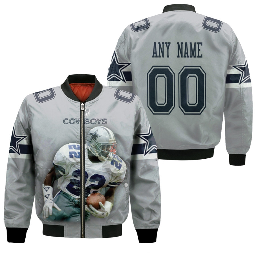 Dallas cowboys emmittmith 22 nfl team grey jersey gift with custom number name for cowboys fans bo premium bomber jacket