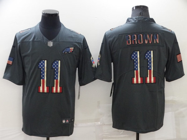 Men's Philadelphia Eagles #11 A. J. Brown Grey Salute To Service USA Flag Stitched Jersey Nfl