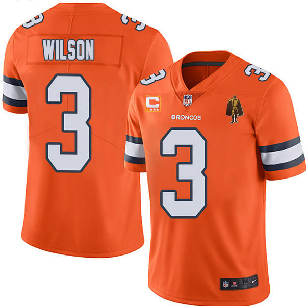 Men's Denver Broncos #3 Russell Wilson Orange With C Patch & Walter Payton Patch Limited Stitched Jersey Nfl