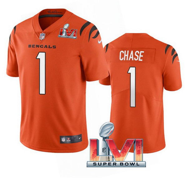 Men's Cincinnati Bengals #1 Ja'marr Chase 2022 Orange Super Bowl LVI Vapor Limited Stitched Jersey Nfl