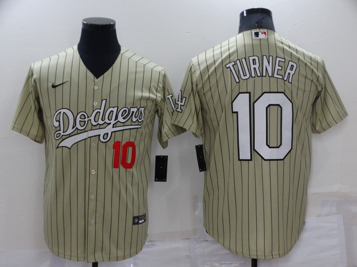 Men's Los Angeles Dodgers #10 Justin Turner Cream Pinstripe Stitched MLB Cool Base Nike Jersey Mlb
