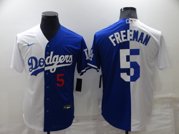 Mens Los Angeles Dodgers #5 Freddie Freeman White Blue Split Cool Base Stitched Baseball Jersey Mlb