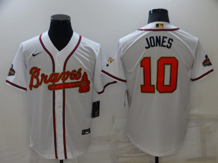 Men's Atlanta Braves #10 Chipper Jones 2022 White Gold World Series Champions Program Cool Base Stitched Baseball Jersey Mlb