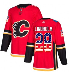 Men's Adidas Calgary Flames #28 Elias Lindholm Red Home Authentic USA Flag Stitched NHL Jersey Nhl