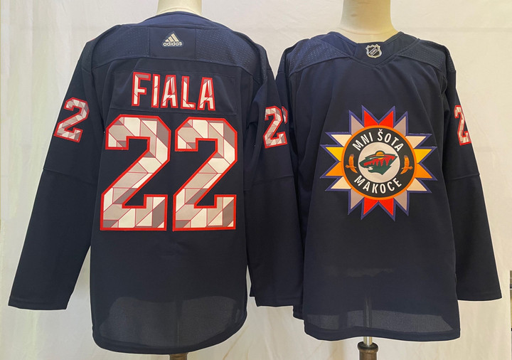 Men's Minnesota Wild #22 Kevin Fiala 2022 Navy Native American Heritage Day Stitched Jersey Nhl